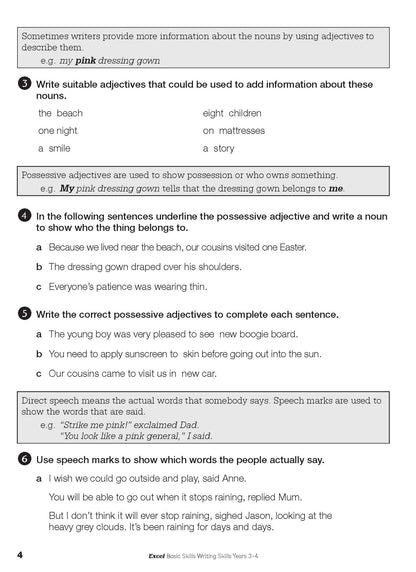 Excel Basic Skills - Writing Skills Years 3-4