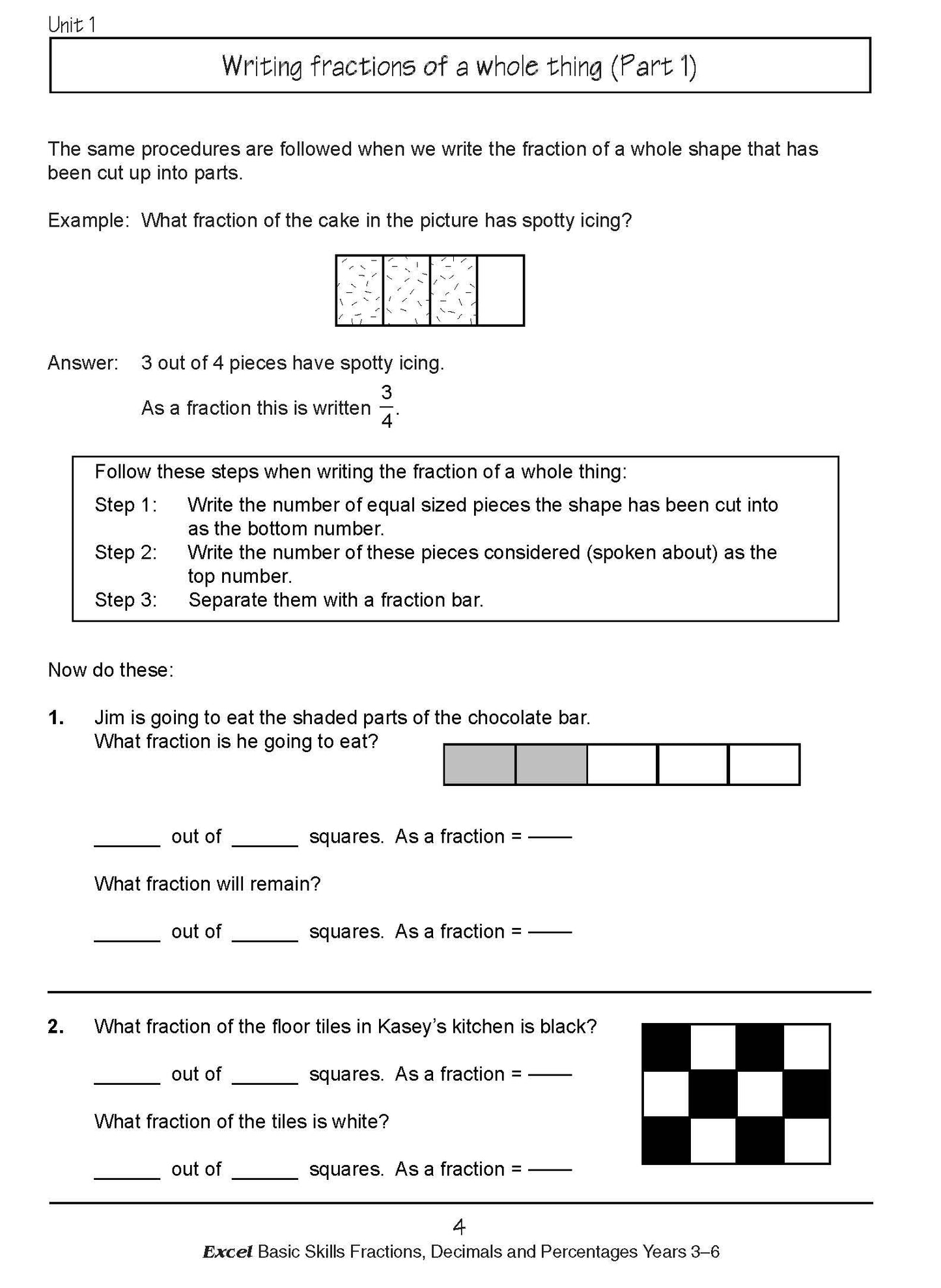 Excel Basic Skills - Fractions, Decimals and Percentages Years 3-6