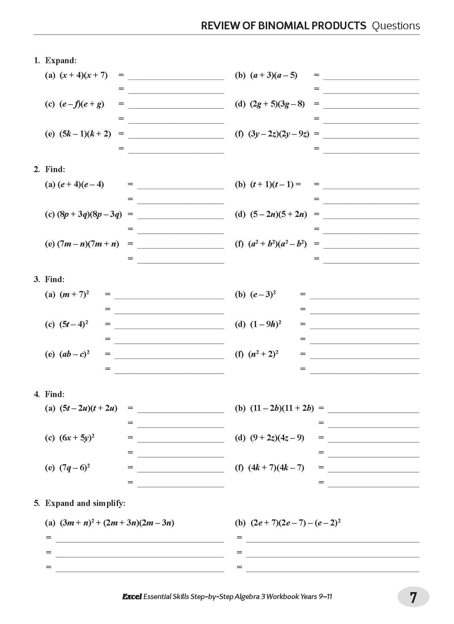 Excel Essential Skills - Step-by-Step Algebra 3 Workbook Years 9-11