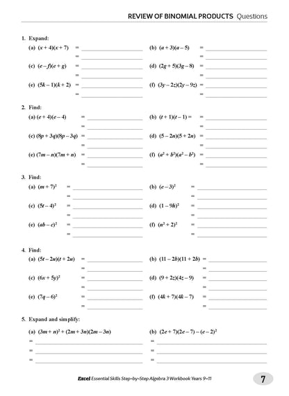 Excel Essential Skills - Step-by-Step Algebra 3 Workbook Years 9-11