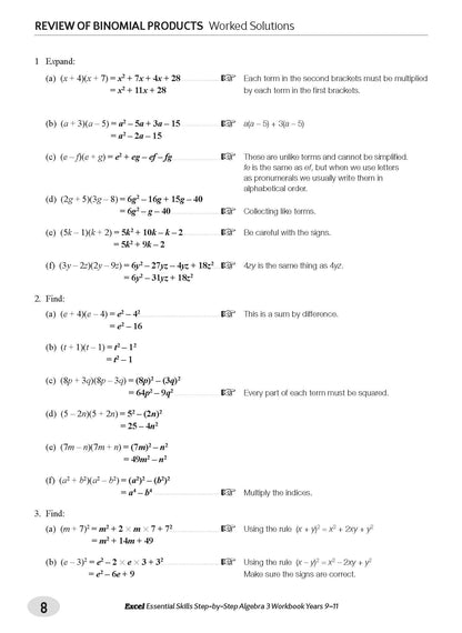 Excel Essential Skills - Step-by-Step Algebra 3 Workbook Years 9-11