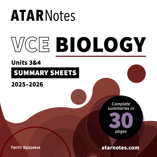 VCE Biology 3&4 Summary Sheets (2025-2026) by ATAR Notes, with black, outlined, and purple text, abstract brown and black shapes, and '30 pages'.