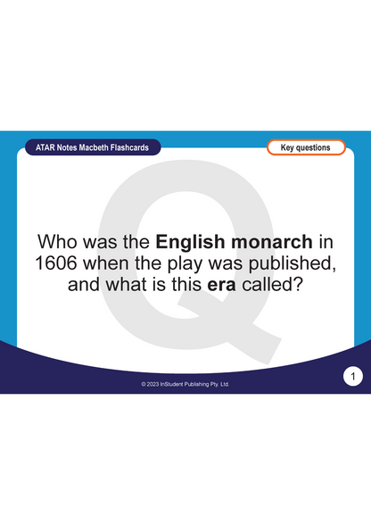 Macbeth Flashcards by ATAR Notes displaying a question on the English monarch in 1606, with a large 'Q' watermark and an orange 'Key questions' button.