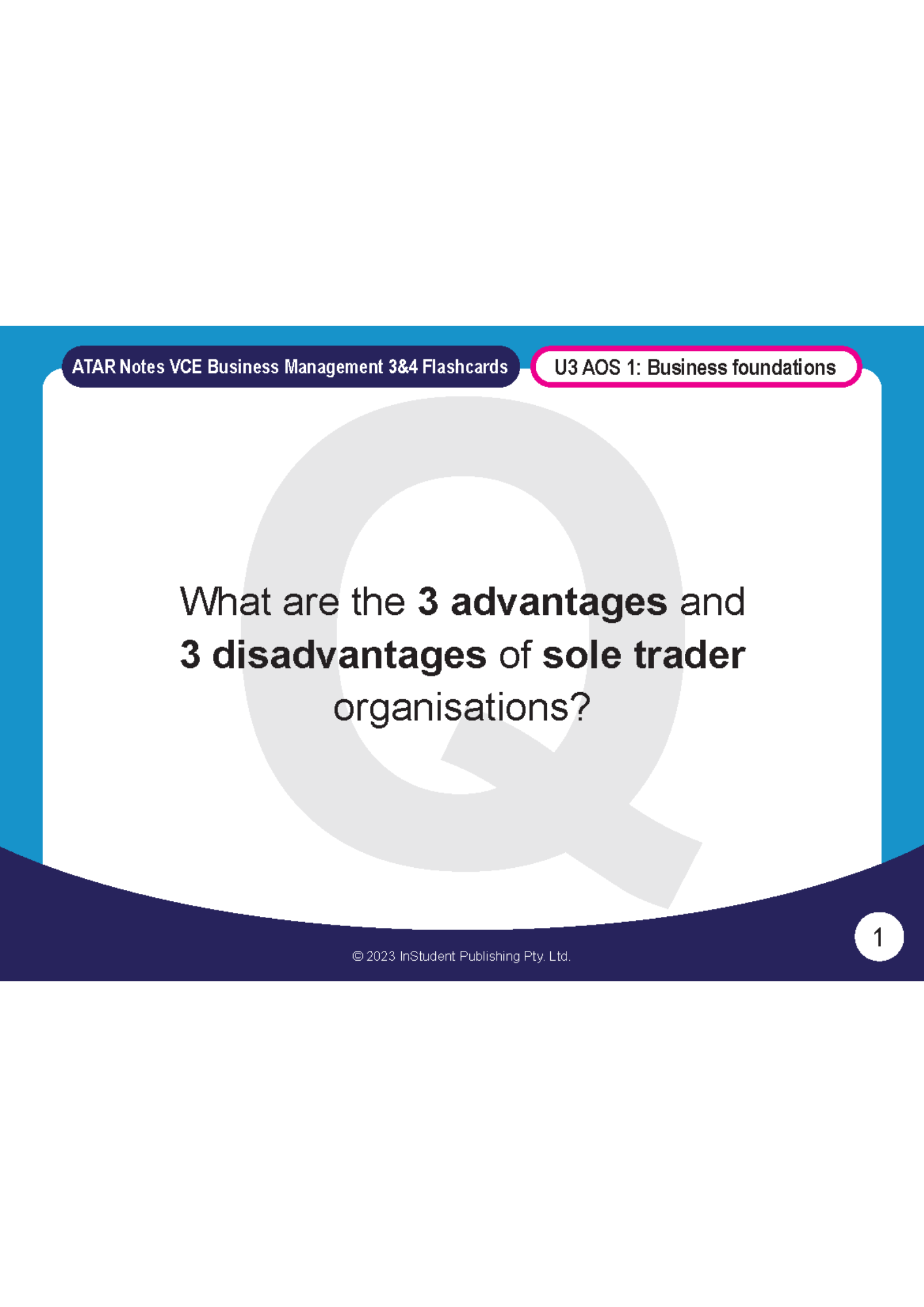 Digital flashcard from ATAR Notes, white with blue borders, displaying a question about sole trader organisations.
