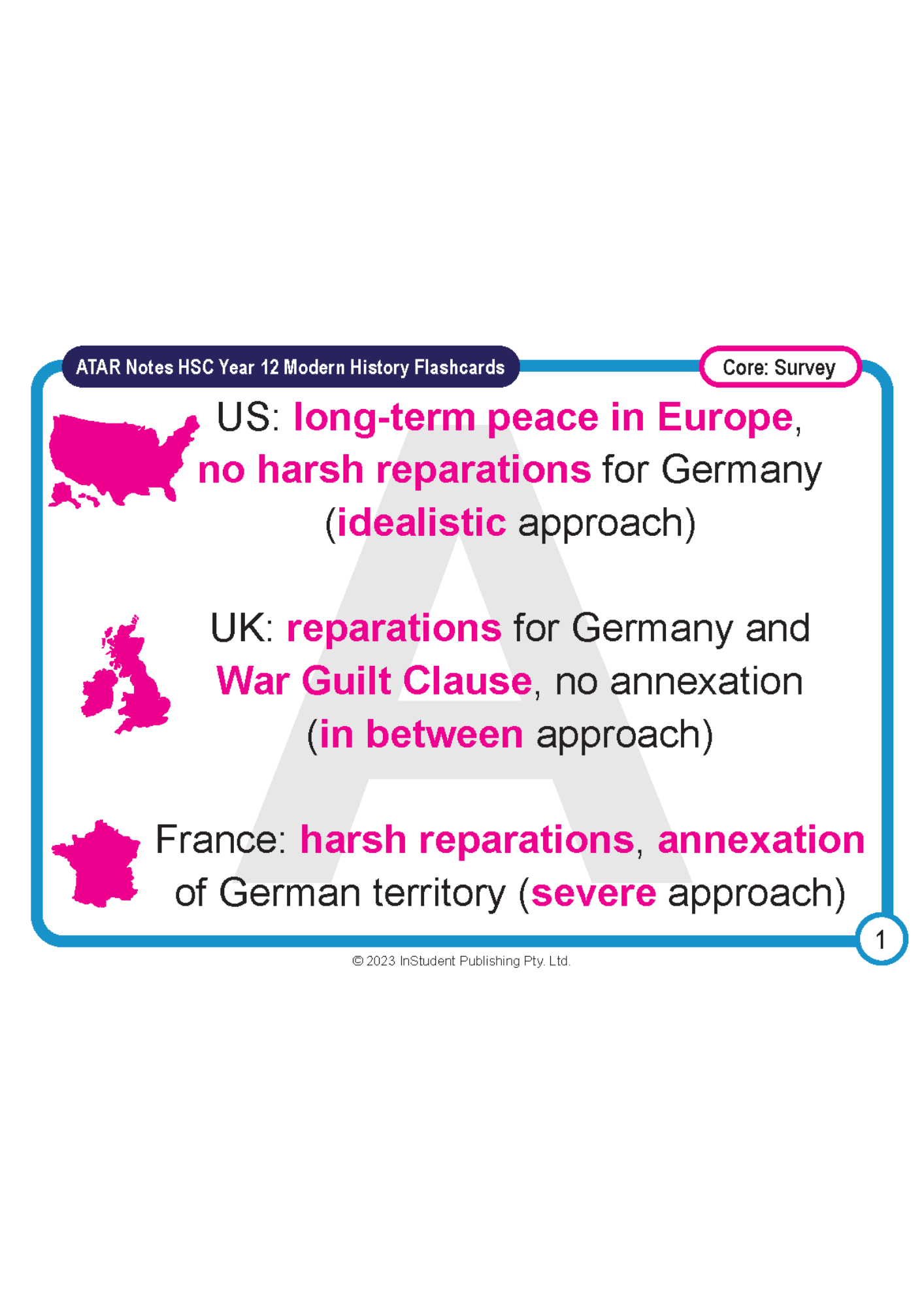 HSC Year 12 Modern History Flashcards by ATAR Notes, a pink and blue card showing maps and text on post-WWI Germany.