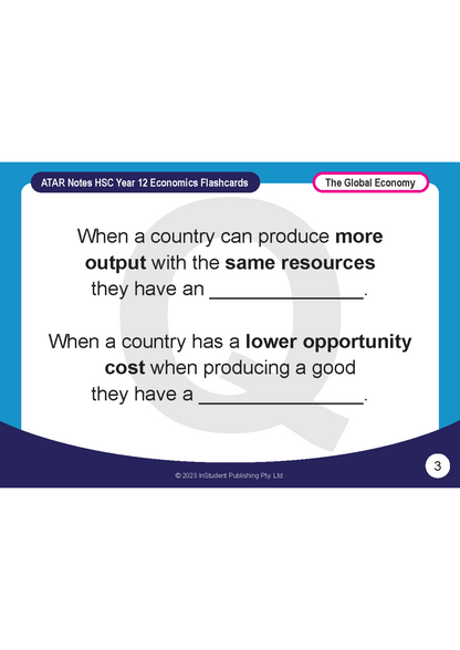Flashcards by ATAR Notes, white with blue and purple accents, displaying economics questions on absolute and comparative advantage.