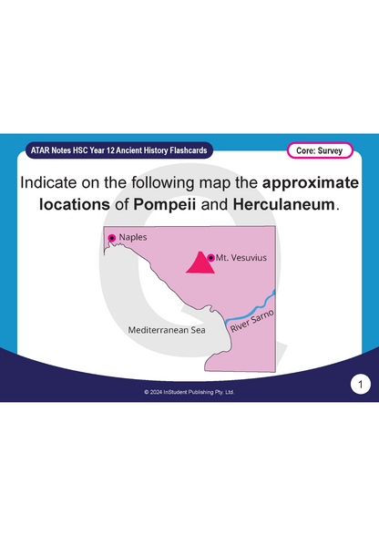 Ancient History flashcard by ATAR Notes, featuring a map of the Bay of Naples with Mt. Vesuvius, Naples, and River Sarno.