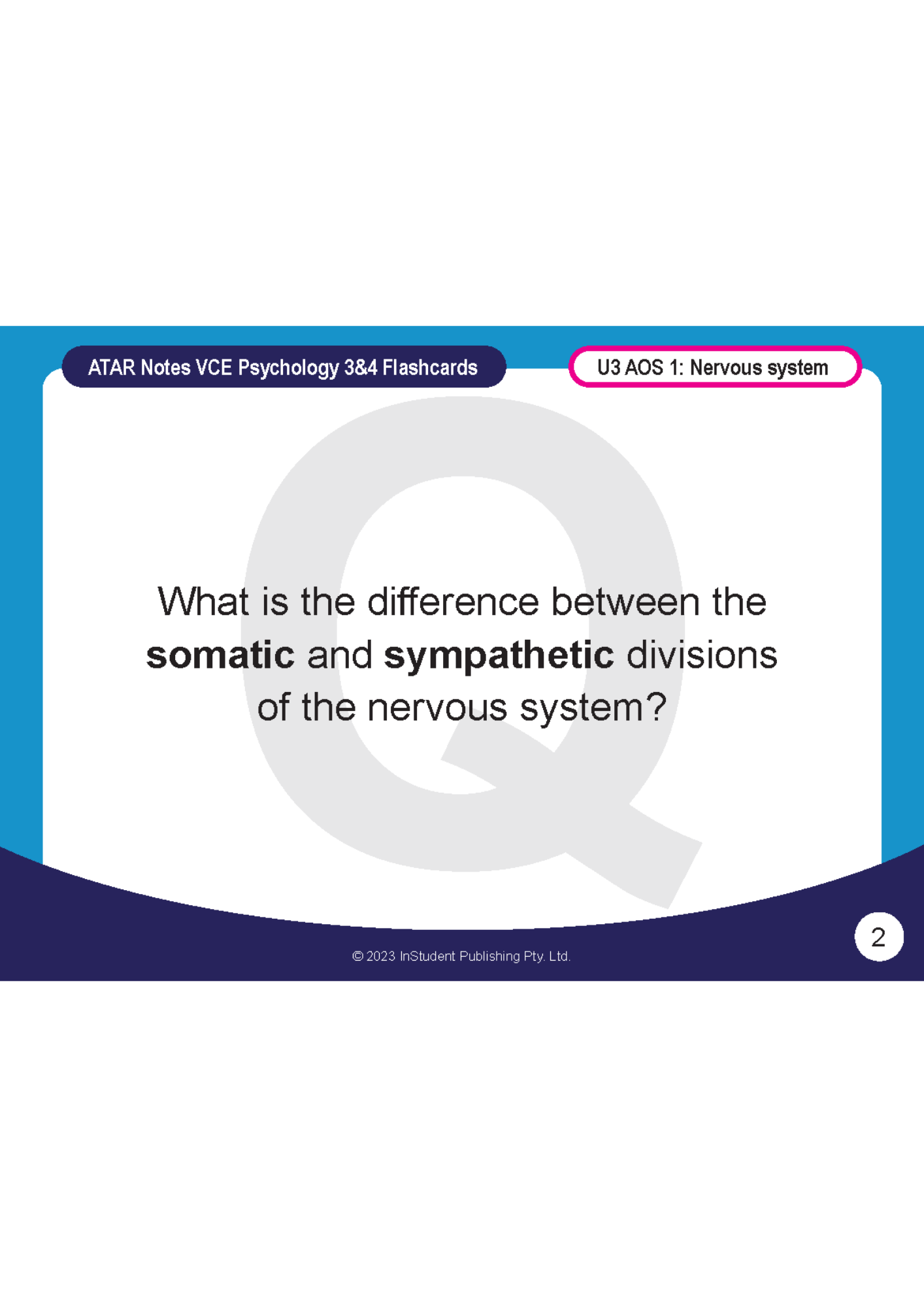 White VCE Psychology flashcard by ATAR Notes, featuring blue and purple accents, asking about somatic and sympathetic nervous system divisions.