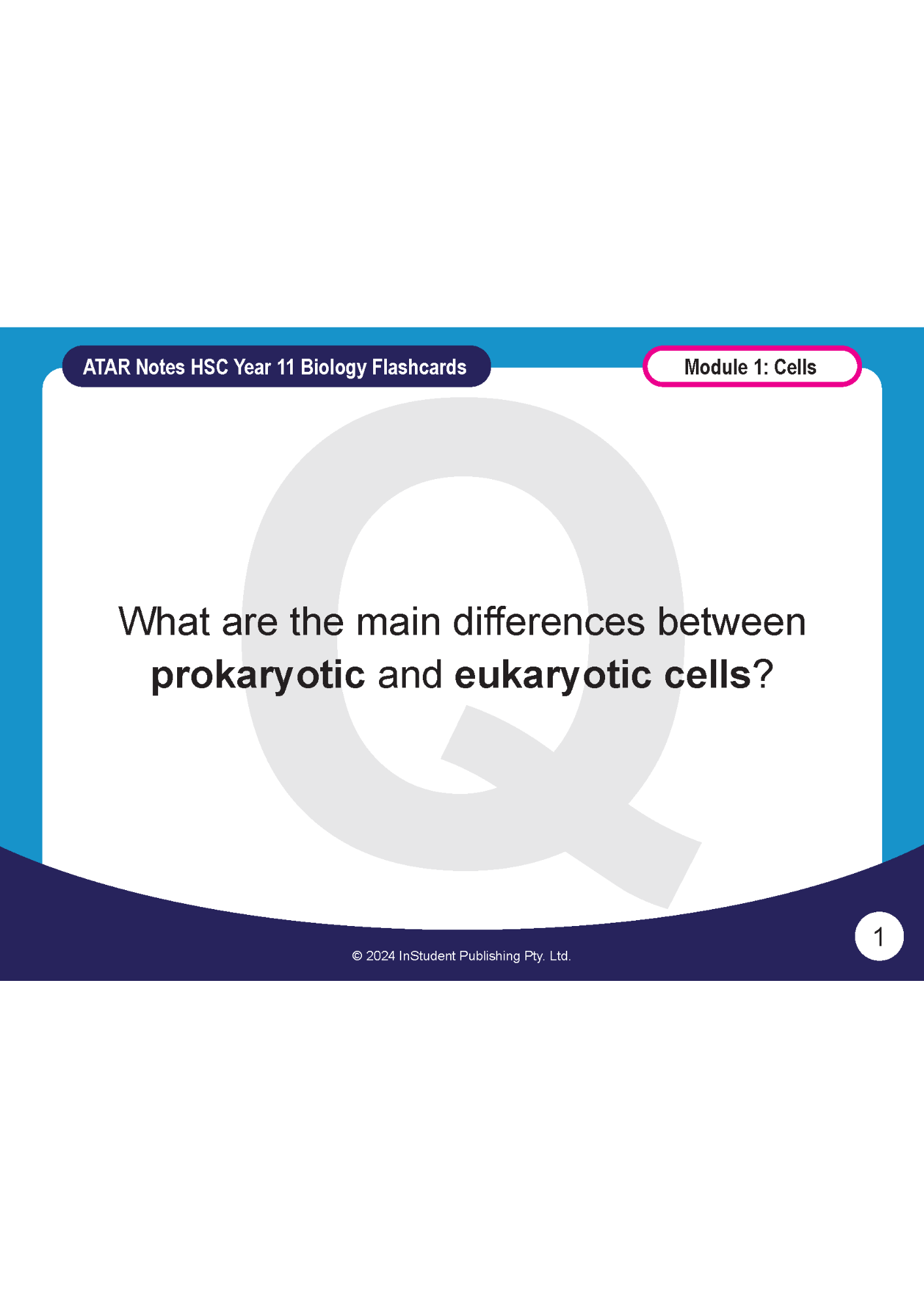 Digital flashcard for HSC Year 11 Biology by ATAR Notes, displaying a question about prokaryotic and eukaryotic cells on a white background with blue accents.
