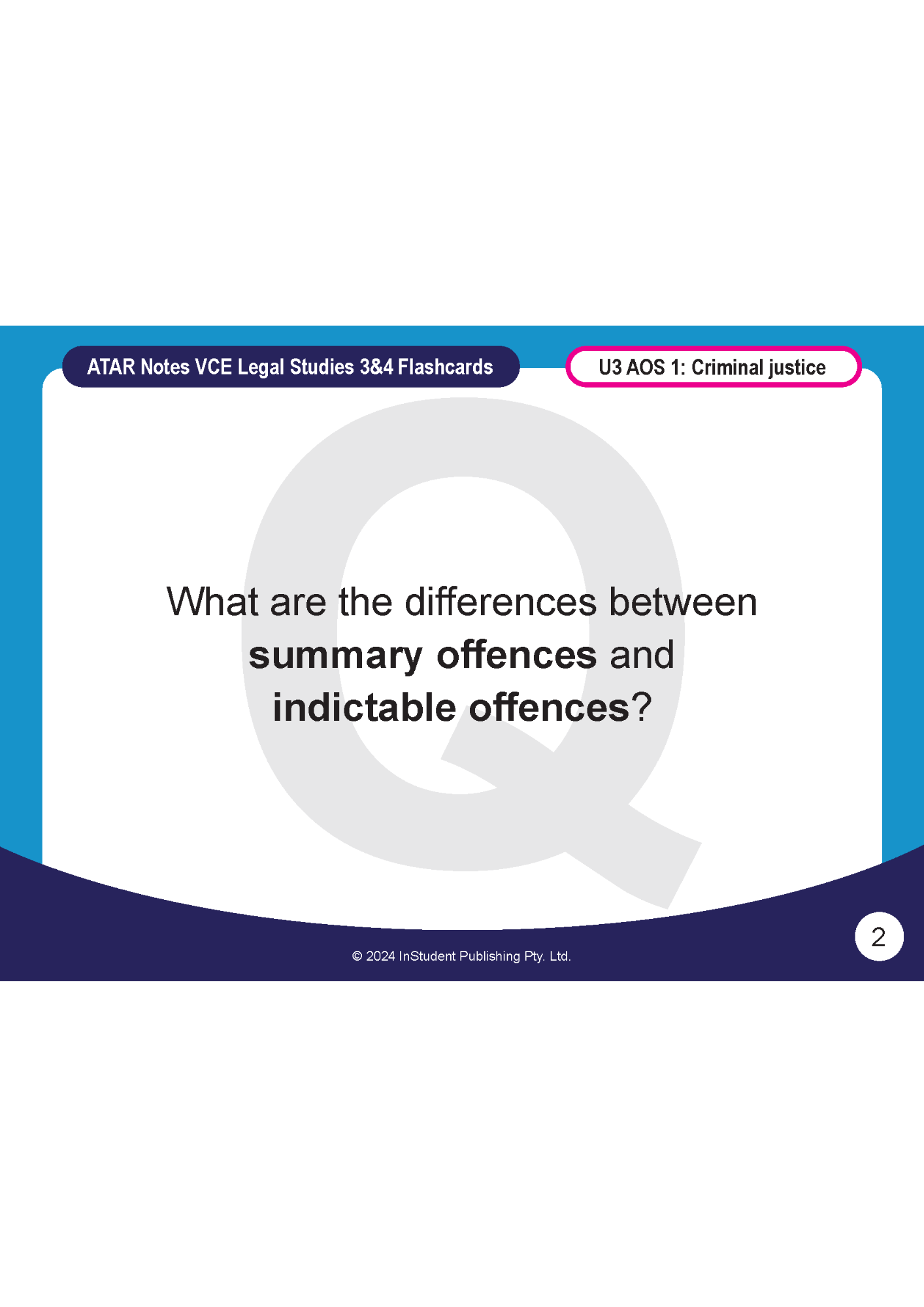 Legal Studies flashcard from ATAR Notes asking about summary and indictable offences, with a blue and purple design.