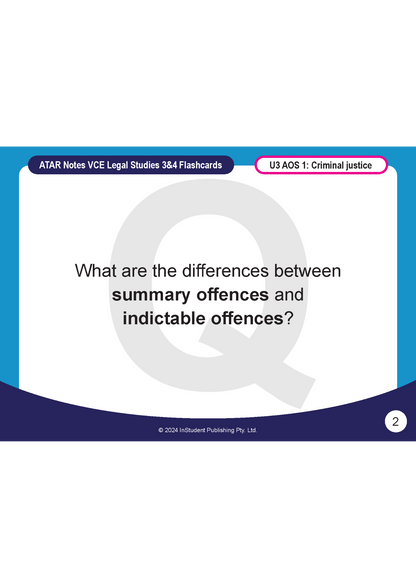 Legal Studies flashcard from ATAR Notes asking about summary and indictable offences, with a blue and purple design.