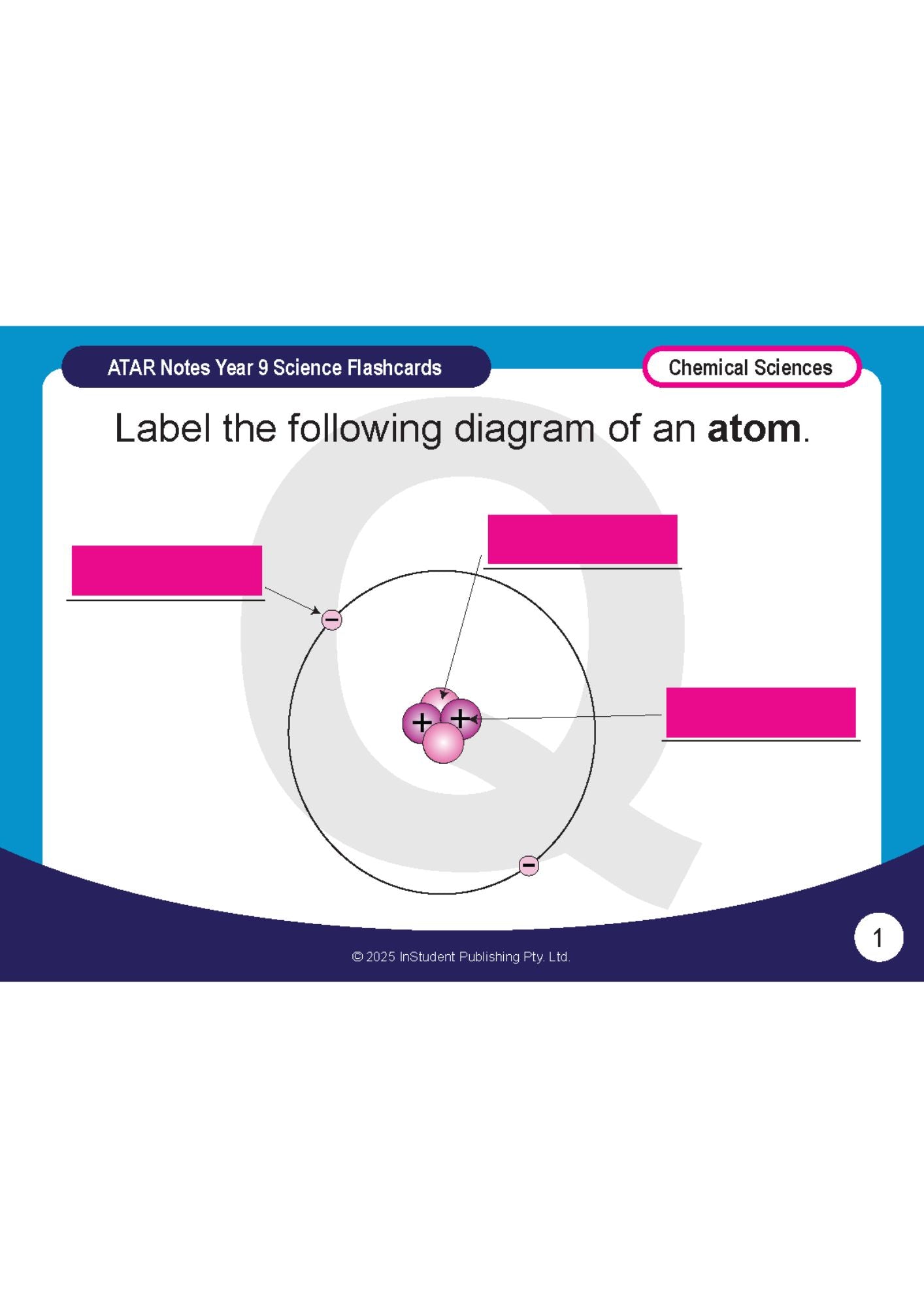 Year 9 Science flashcards by ATAR Notes, displaying a diagram of an atom with blank labels, on a blue and purple background.