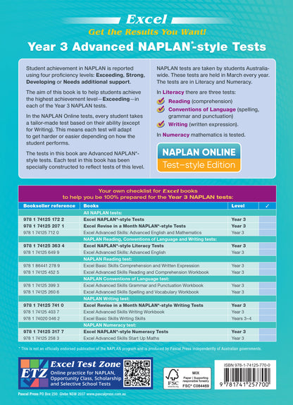 Year 3 Advanced NAPLAN test preparation book by Excel, with a teal and green cover, featuring a 'NAPLAN ONLINE Test-style Edition' banner and a books checklist.