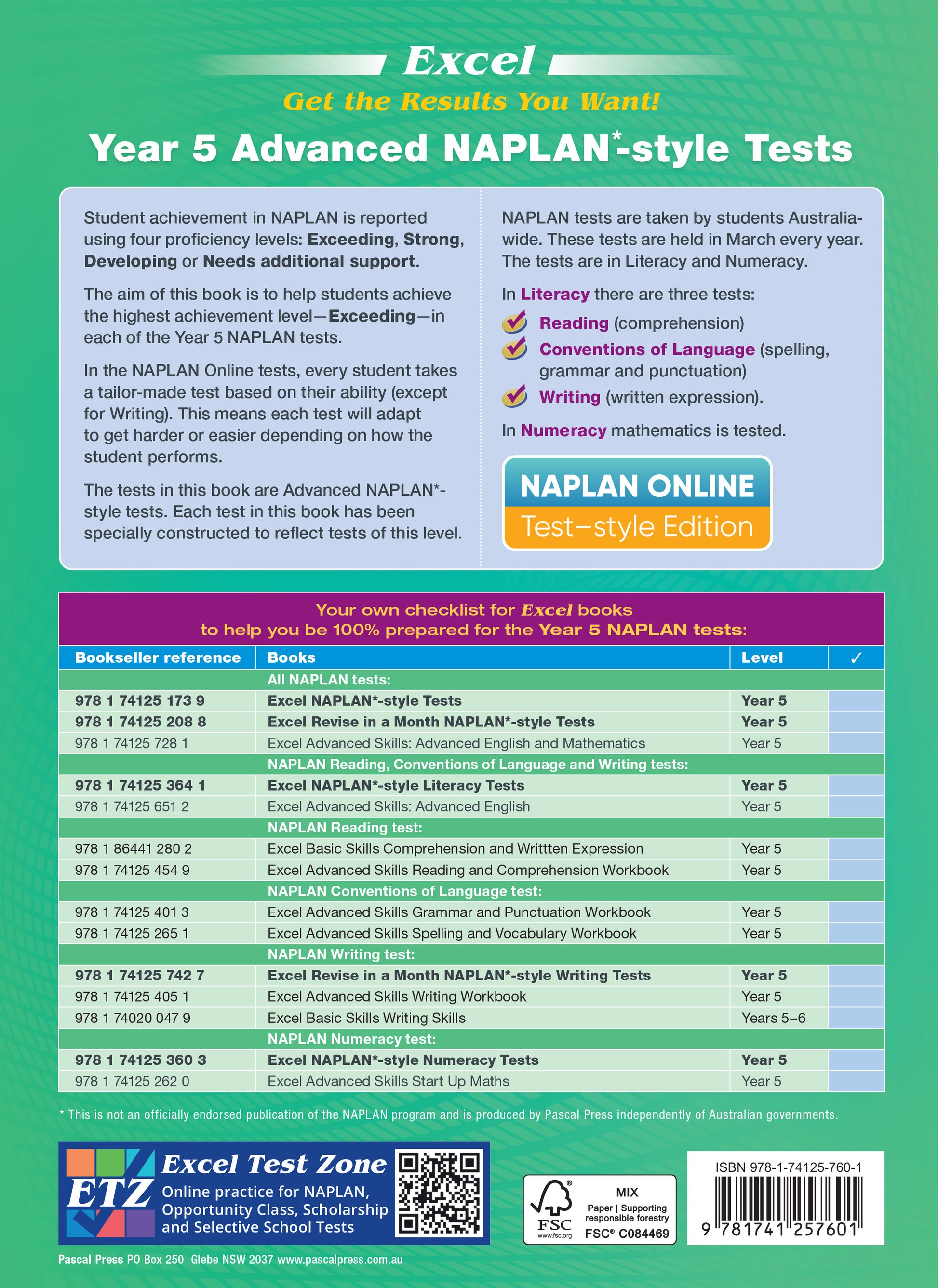 Green Year 5 Advanced NAPLAN-style Tests book by Excel, featuring a checklist of related books and an ISBN barcode.