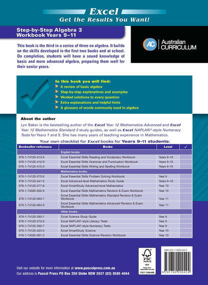 Excel Essential Skills - Step-by-Step Algebra 3 Workbook Years 9-11