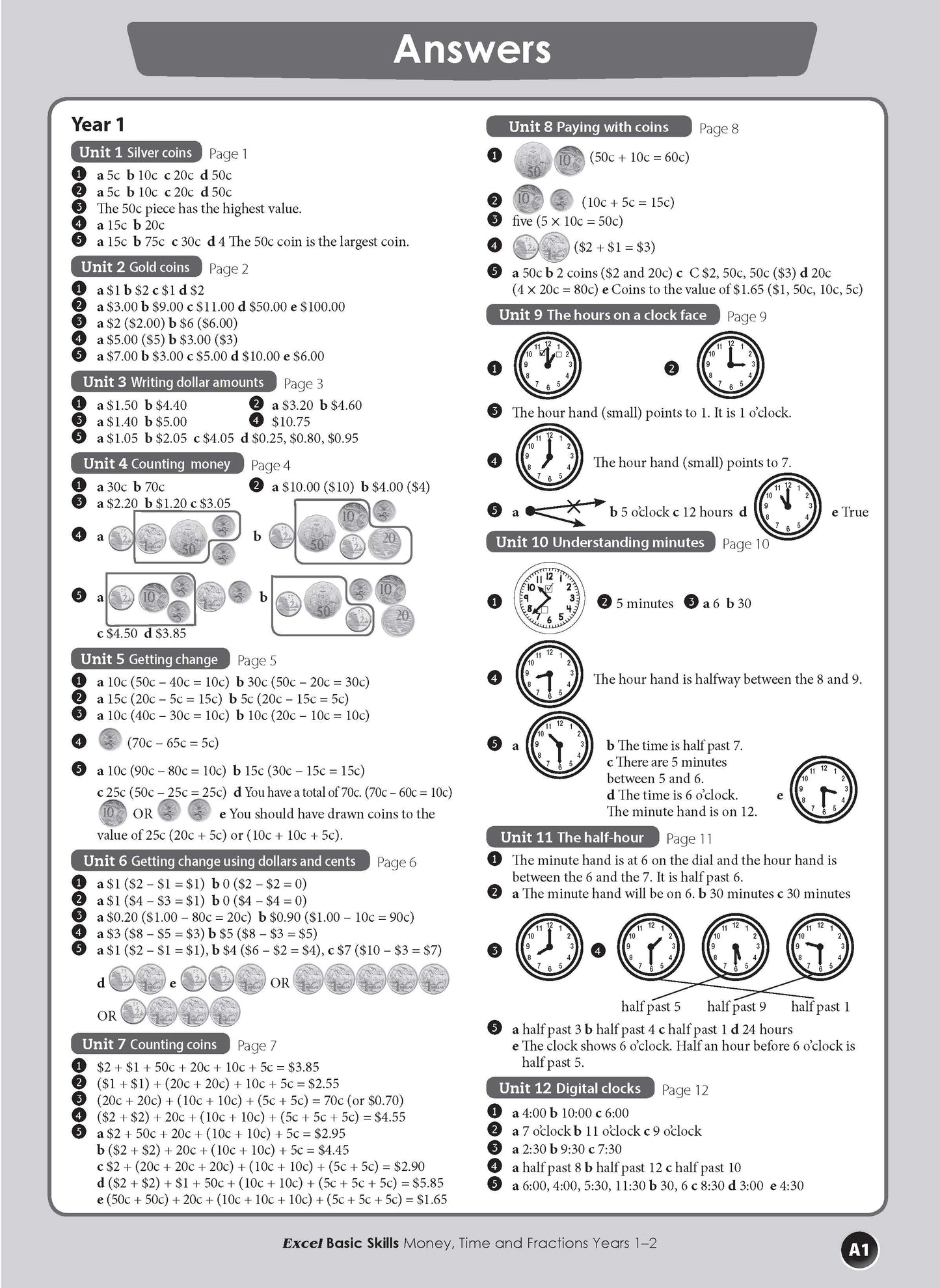 Excel Basic Skills - Money, Time and Fractions Years 1-2