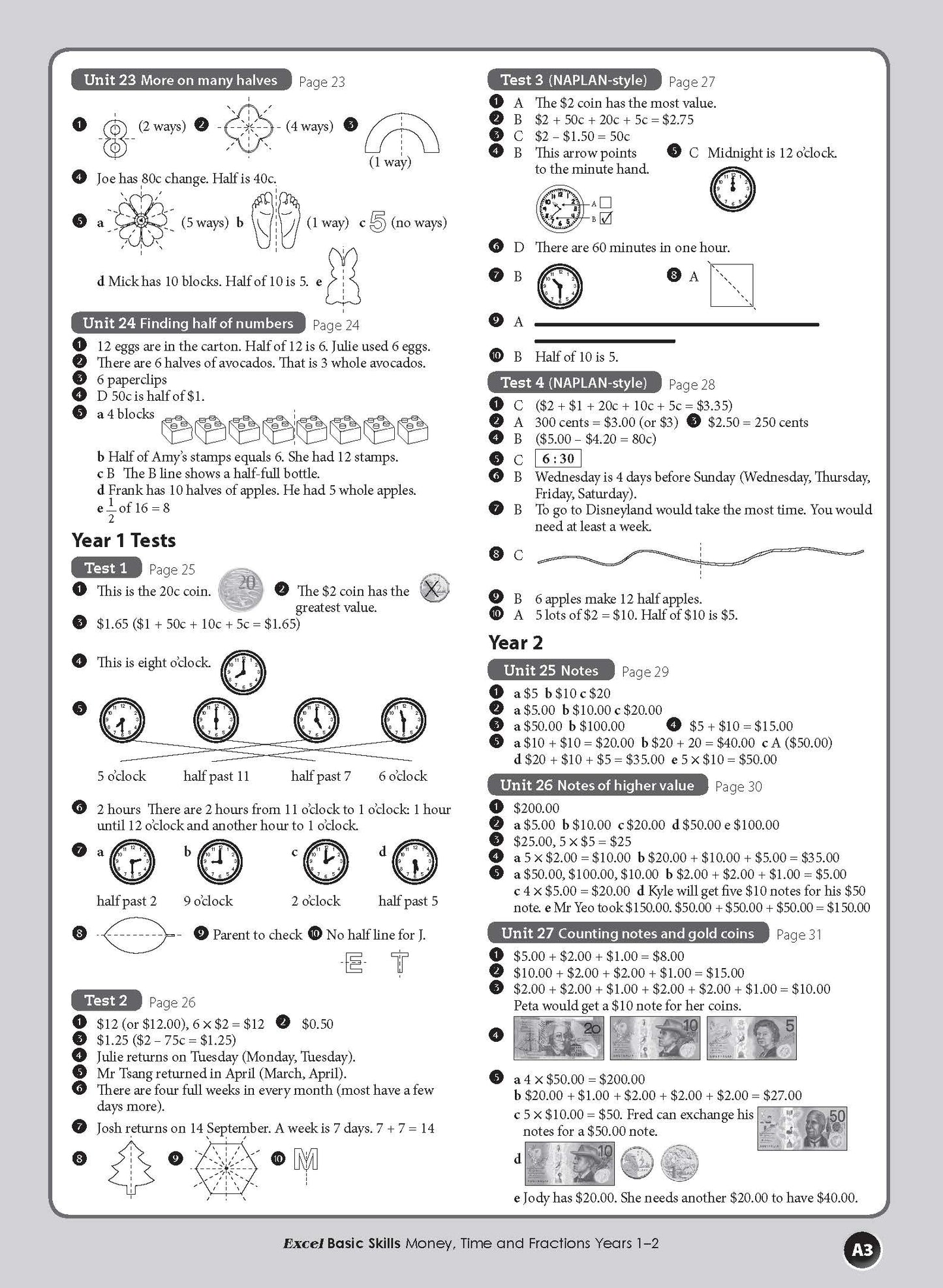 Excel Basic Skills - Money, Time and Fractions Years 1-2