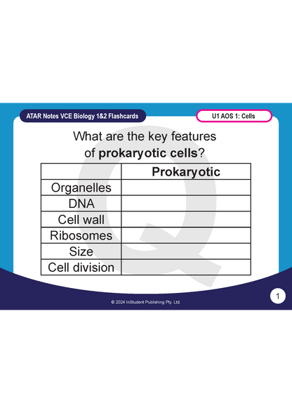 Biology flashcards by ATAR Notes showing a table on prokaryotic cell features against a blue and purple background.