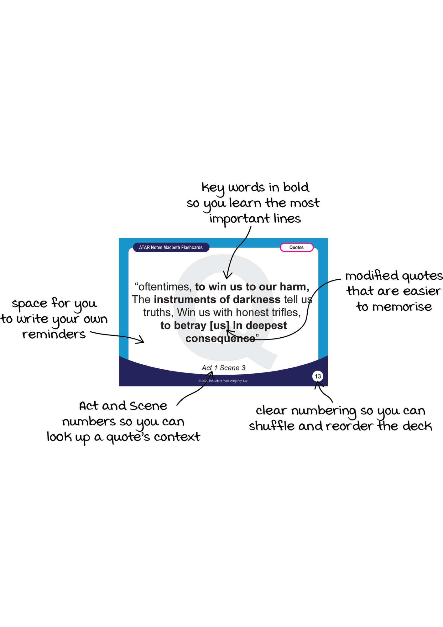 Blue and white flashcards by ATAR Notes, displaying a Macbeth quote with bolded words and feature annotations.
