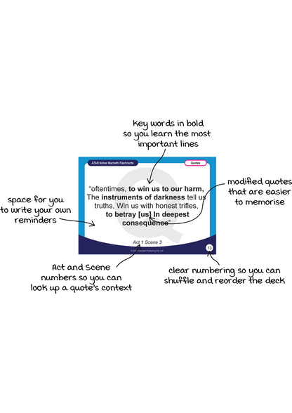 Blue and white flashcards by ATAR Notes, displaying a Macbeth quote with bolded words and feature annotations.