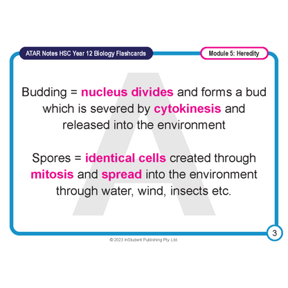 Flashcard by ATAR Notes, front view, with "HSC Year 12 Biology Flashcards" header, "Module 5" tab, blue border, and text defining Budding and Spores with pink highlights.
