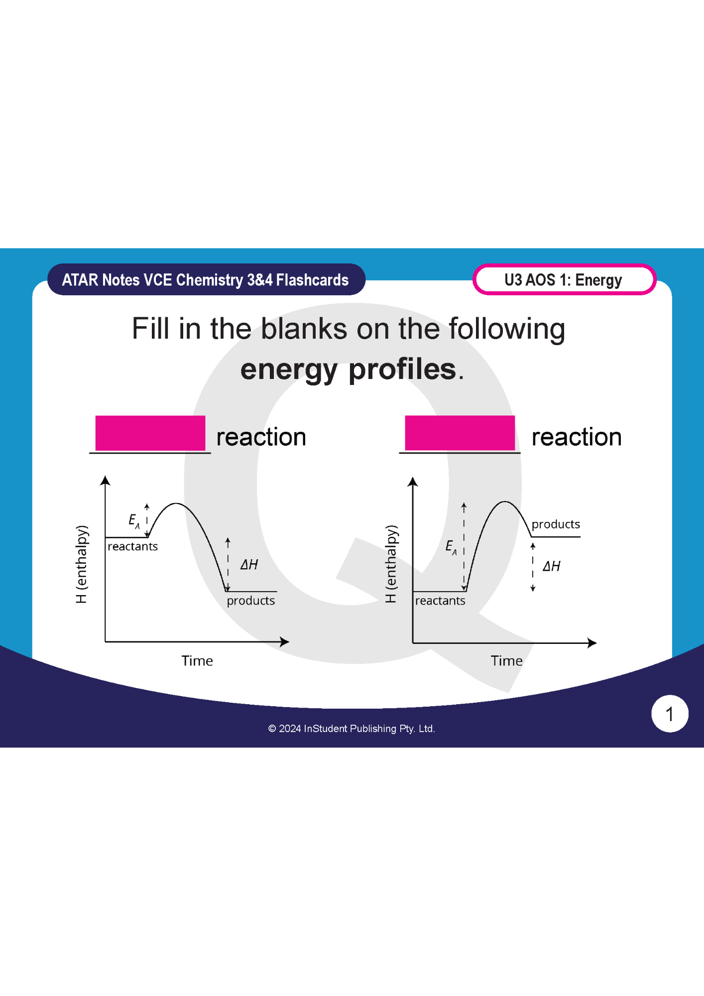 Digital chemistry flashcard by ATAR Notes, displaying two energy profiles with pink blanks for exothermic and endothermic reactions.
