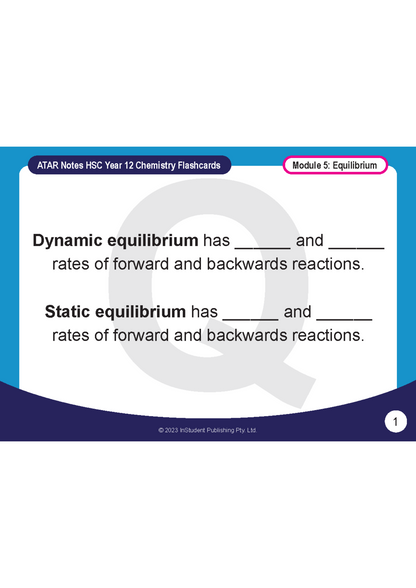 Chemistry flashcard by ATAR Notes for HSC Year 12, featuring white card with blue/pink tabs and equilibrium definitions.