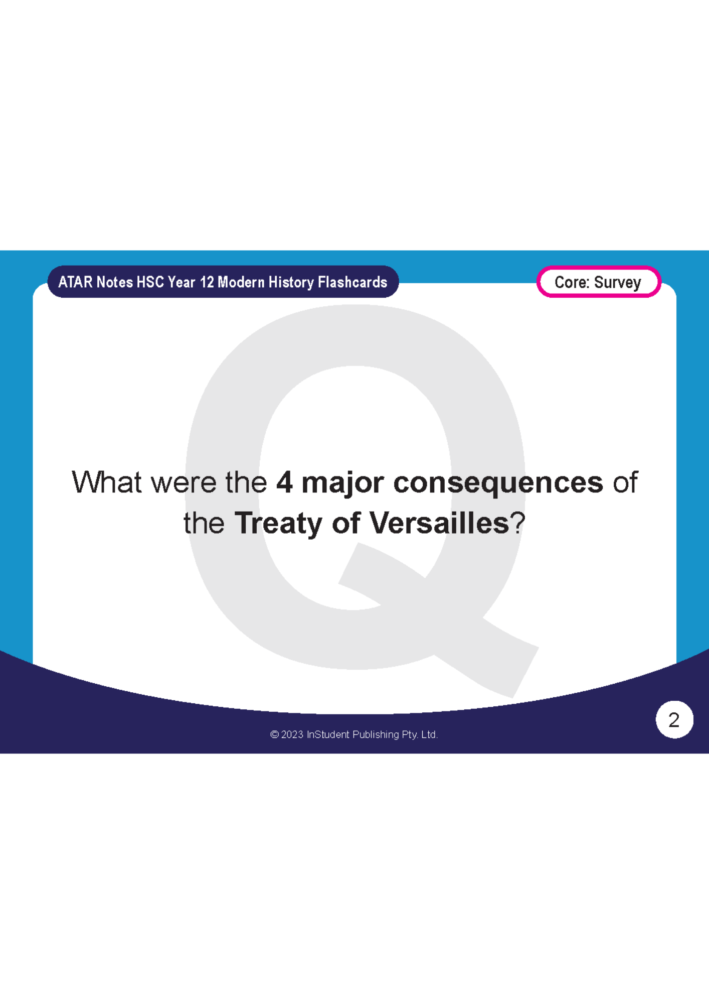 Flashcards for HSC Year 12 Modern History by ATAR Notes, displaying a question about the Treaty of Versailles on page 2.