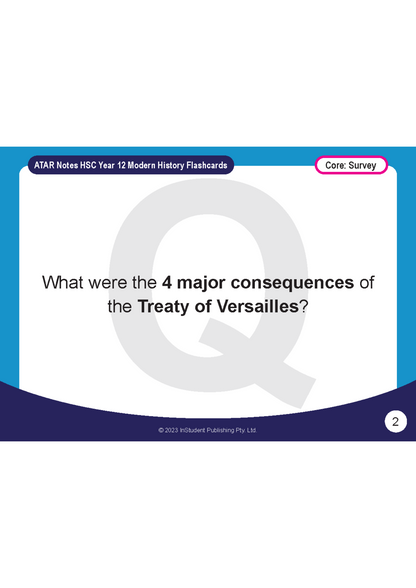 Flashcards for HSC Year 12 Modern History by ATAR Notes, displaying a question about the Treaty of Versailles on page 2.