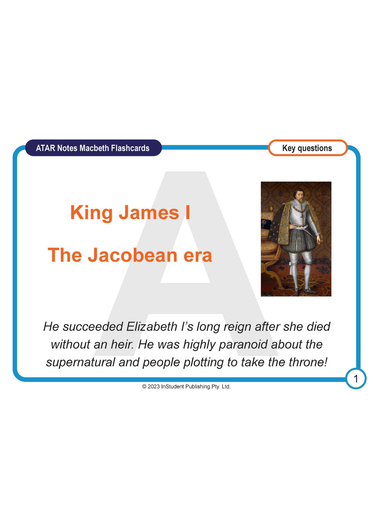 White flashcard by ATAR Notes with Macbeth historical notes about King James I and his portrait.