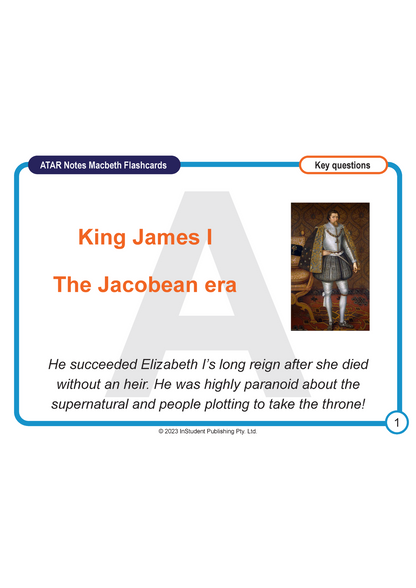 White flashcard by ATAR Notes with Macbeth historical notes about King James I and his portrait.