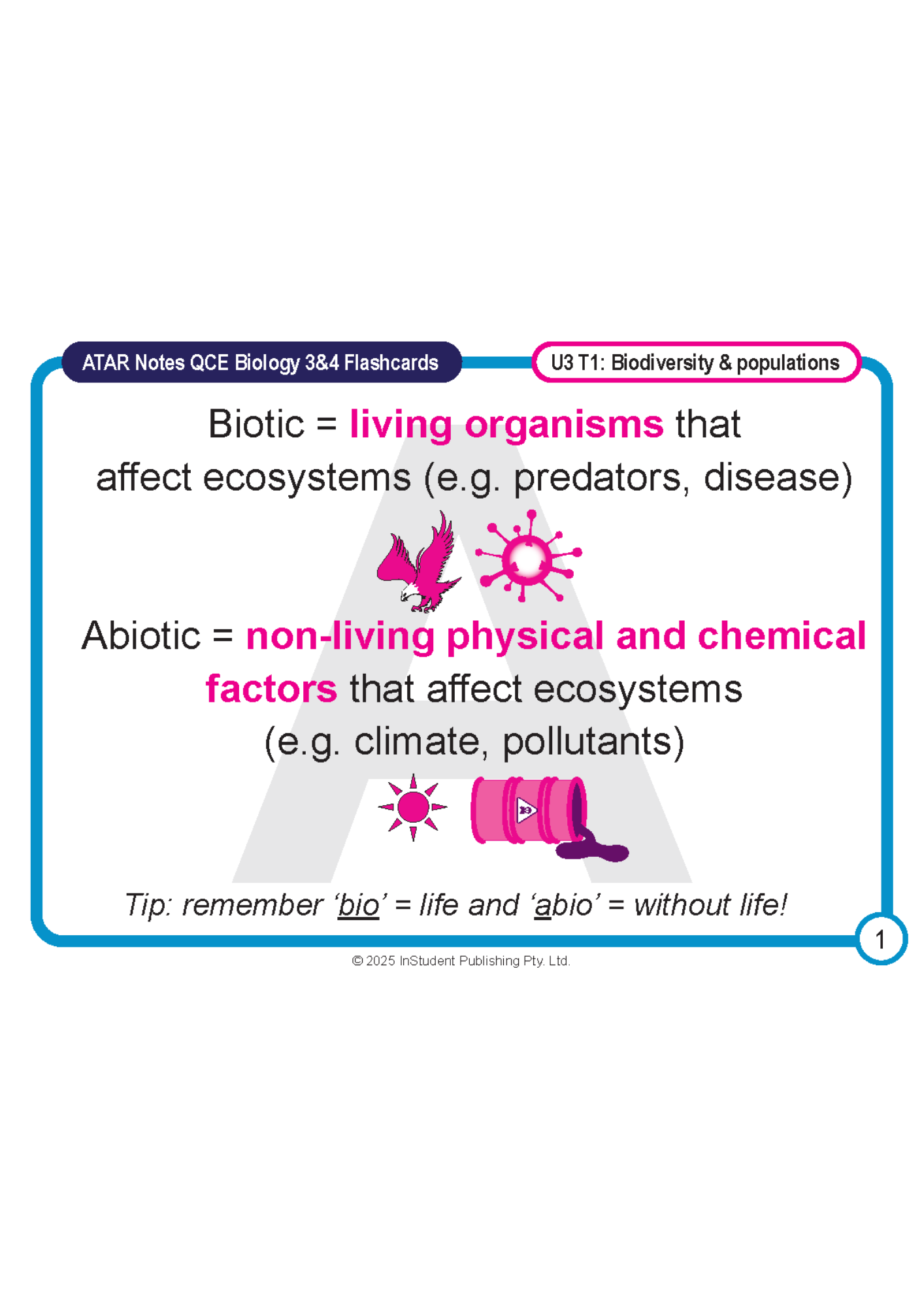 White educational flashcard by ATAR Notes for QCE Biology 3&4, defining Biotic and Abiotic factors with pink illustrations.