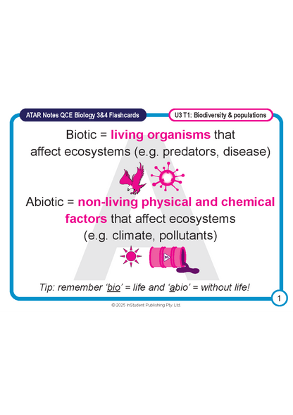 White educational flashcard by ATAR Notes for QCE Biology 3&4, defining Biotic and Abiotic factors with pink illustrations.