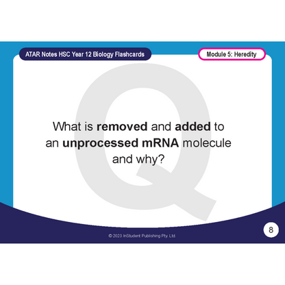 HSC Year 12 Biology Flashcards by ATAR Notes, showing a question on mRNA processing for Module 5: Heredity, page 8.