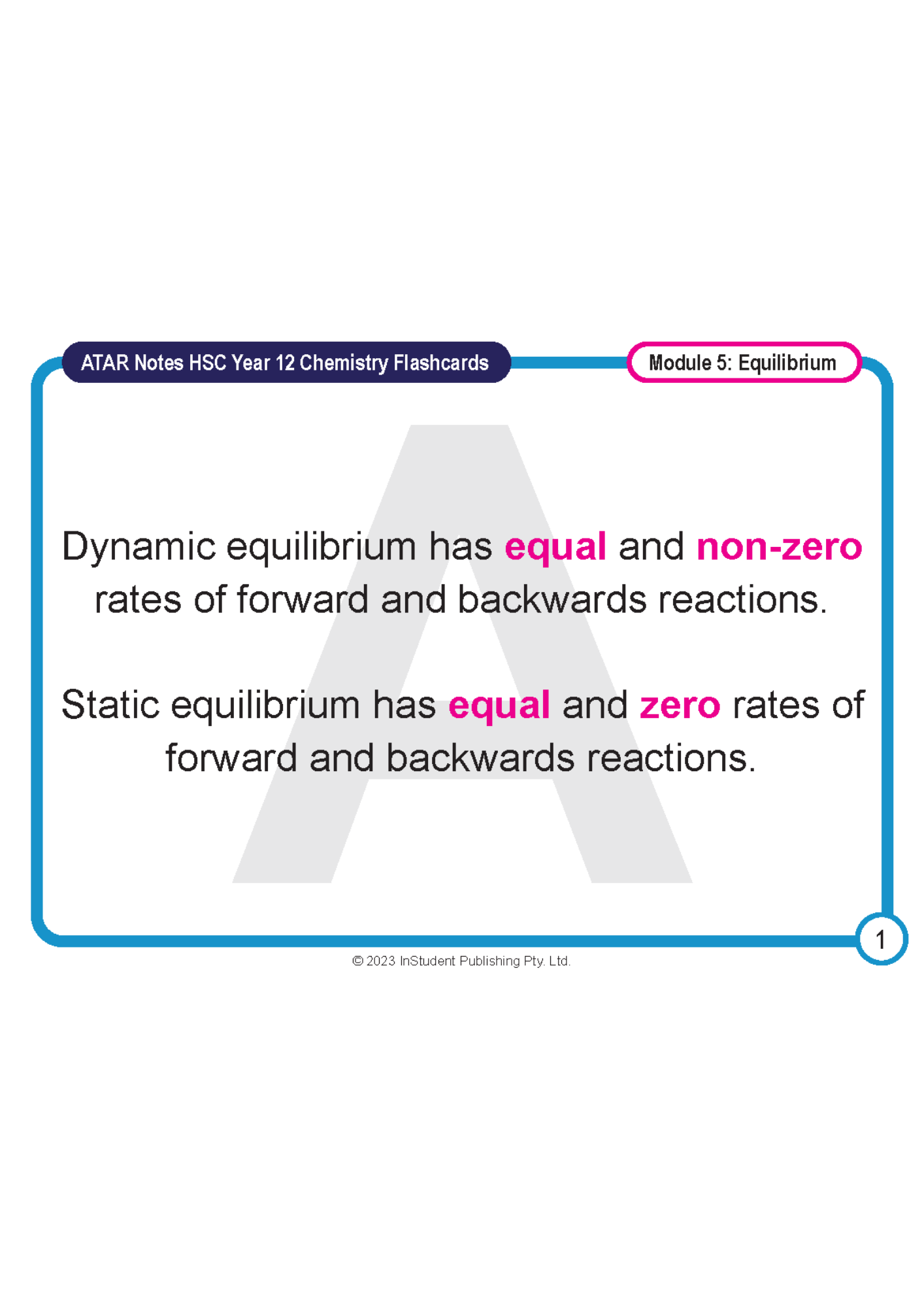 HSC Year 12 Chemistry flashcard by ATAR Notes, detailing dynamic and static equilibrium with pink and blue text, set in a blue border.