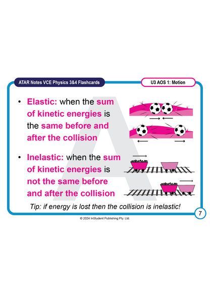 Physics flashcard from ATAR Notes displaying definitions and diagrams for elastic and inelastic collisions.