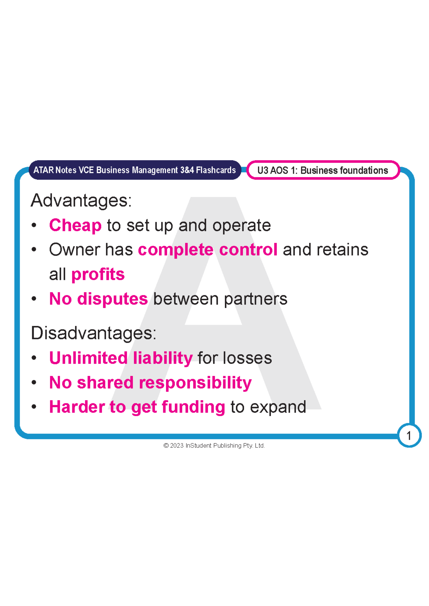 VCE Business Management 3&4 Flashcards from ATAR Notes, displaying advantages and disadvantages with magenta keywords on a white page.