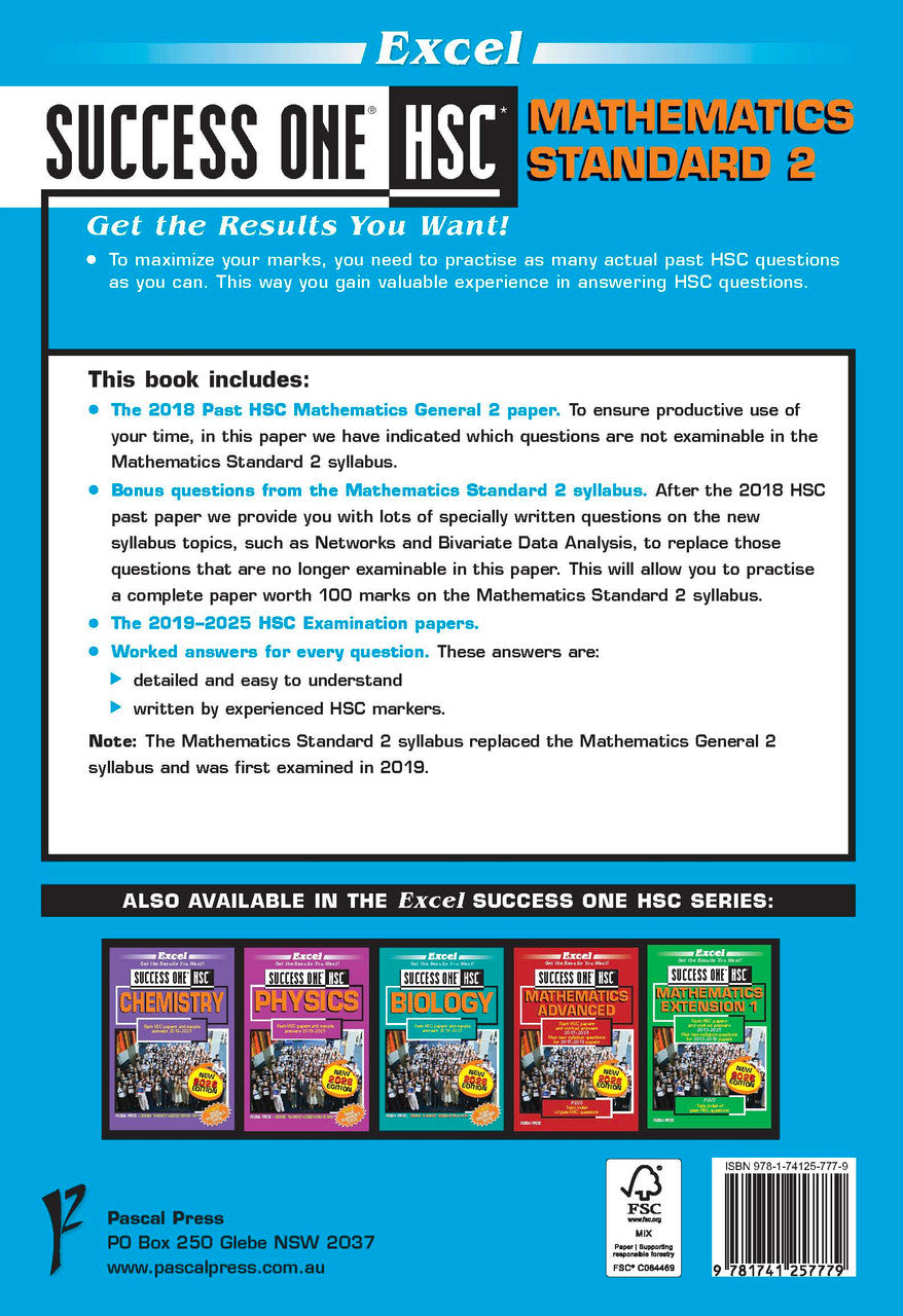 Blue and white HSC Mathematics Standard 2 course notes book by Excel, with bold black and orange title, content highlights, and other subject guides.