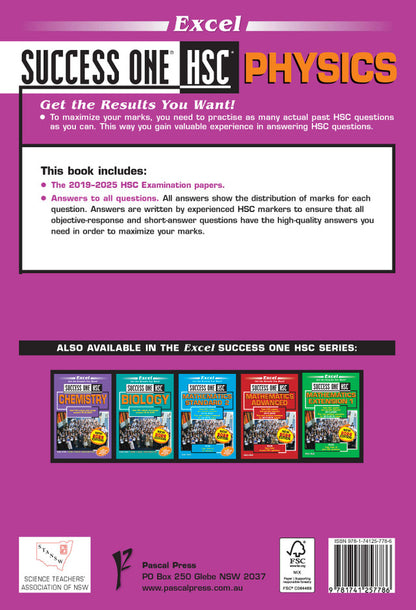Magenta Course Notes book by Excel, titled 'Success One HSC Physics', featuring text about 2019-2025 examination papers and other series books.