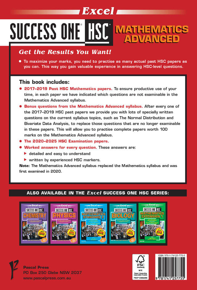 Red back cover of an HSC Year 12 Mathematics Advanced study guide by Excel, detailing features, contents, and other available books in the series.