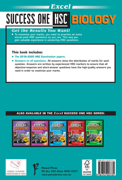 Biology study guide by Excel Success One HSC with a teal cover featuring the title and key information.