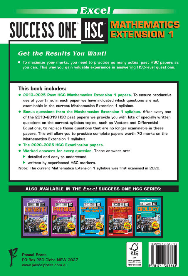 HSC Mathematics Extension 1 2026 Edition study guide by Excel, showing the green back cover with detailed contents and other series books.