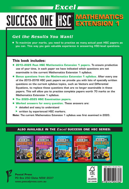 HSC Mathematics Extension 1 2026 Edition study guide by Excel, showing the green back cover with detailed contents and other series books.