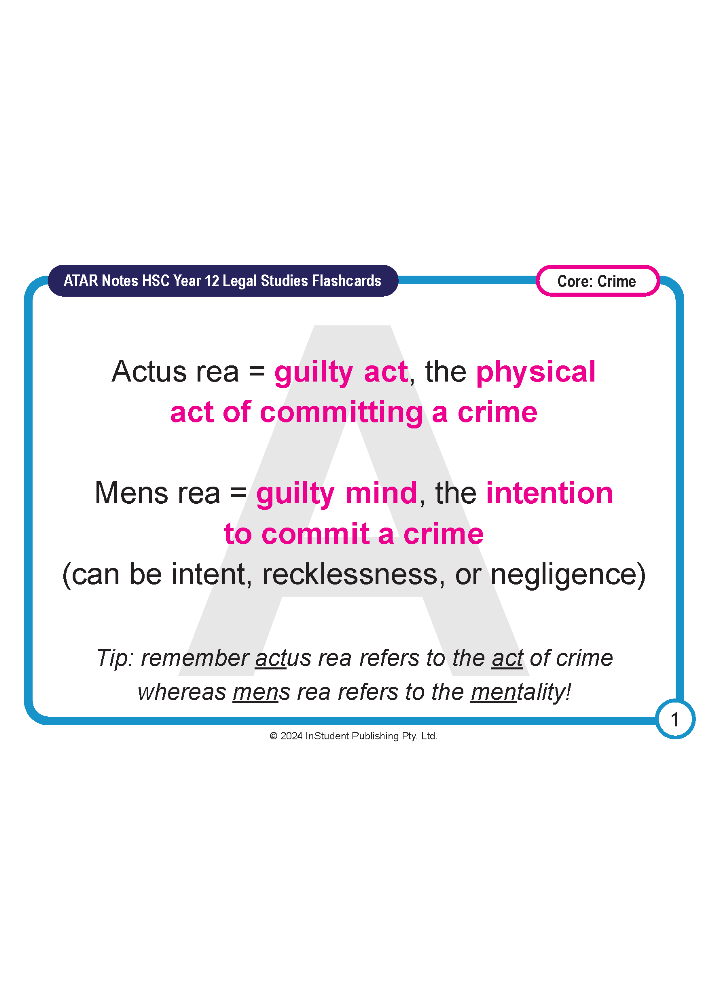 HSC Year 12 Legal Studies flashcards by ATAR Notes, white with blue and pink text defining "actus rea" and "mens rea" for crime.