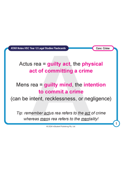 HSC Year 12 Legal Studies flashcards by ATAR Notes, white with blue and pink text defining "actus rea" and "mens rea" for crime.
