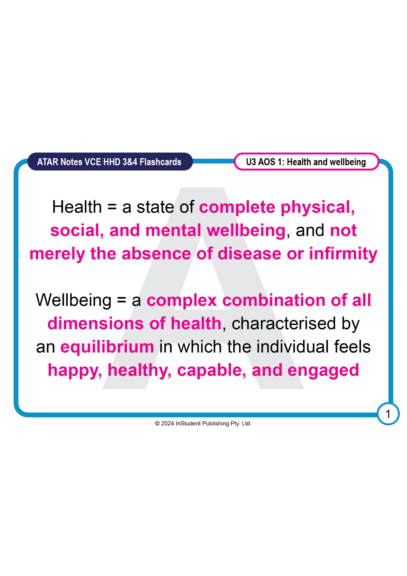 White flashcard by ATAR Notes, displaying definitions for Health and Wellbeing in blue and pink text, with a blue border.