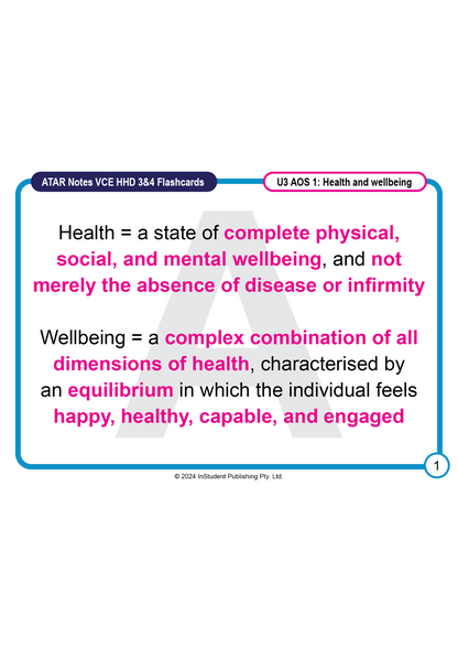 White flashcard by ATAR Notes, displaying definitions for Health and Wellbeing in blue and pink text, with a blue border.