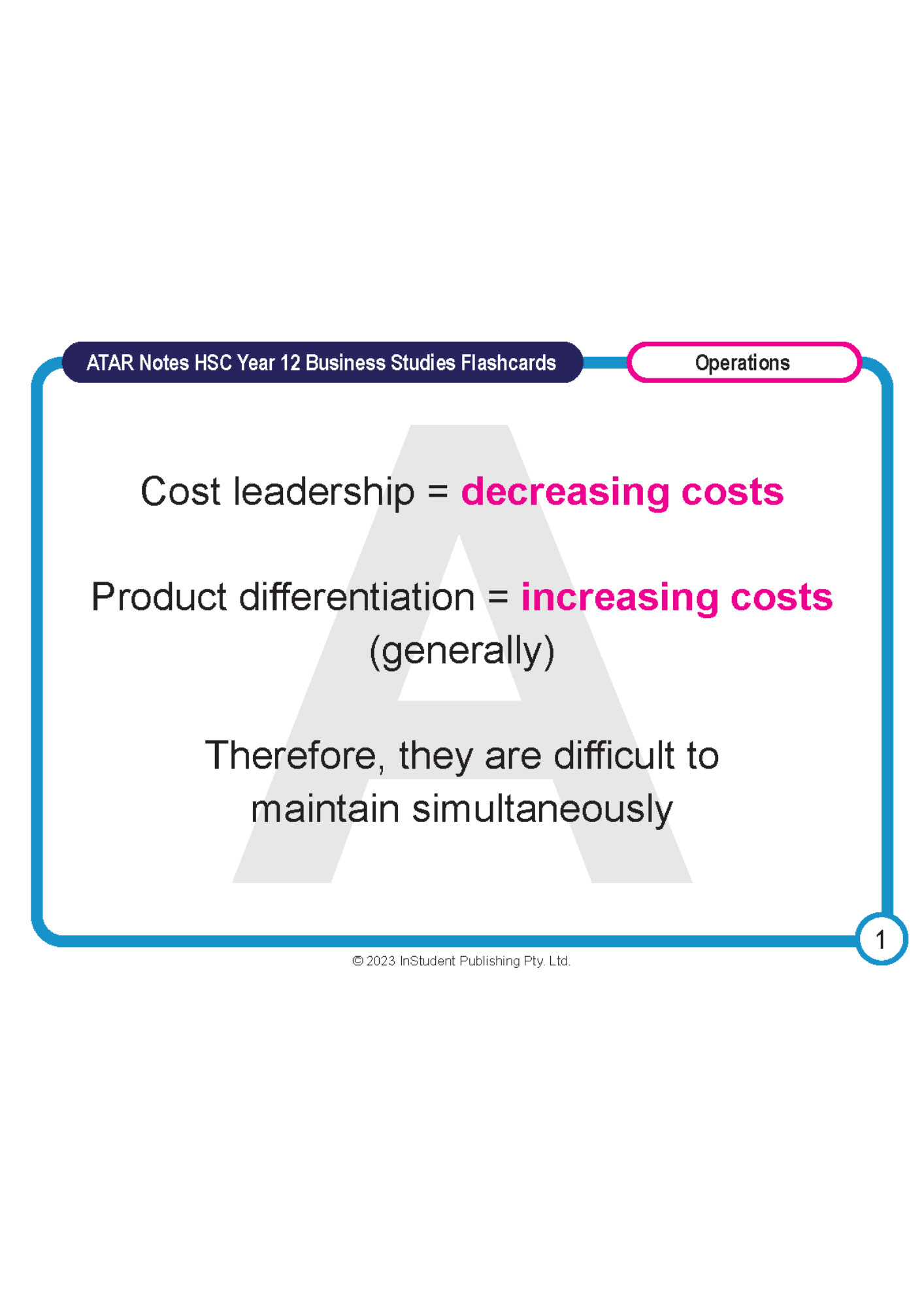 White flashcard for HSC Year 12 Business Studies from ATAR Notes, displaying operations strategies and costs.