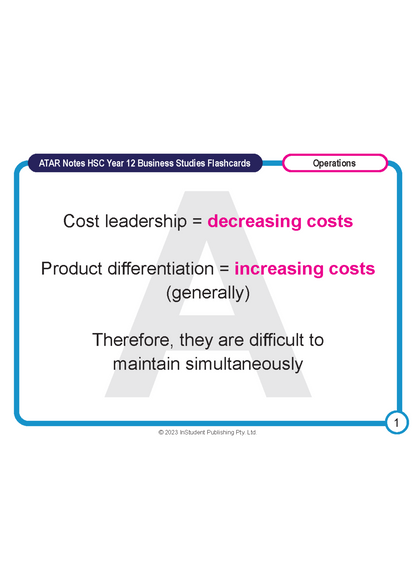 White flashcard for HSC Year 12 Business Studies from ATAR Notes, displaying operations strategies and costs.
