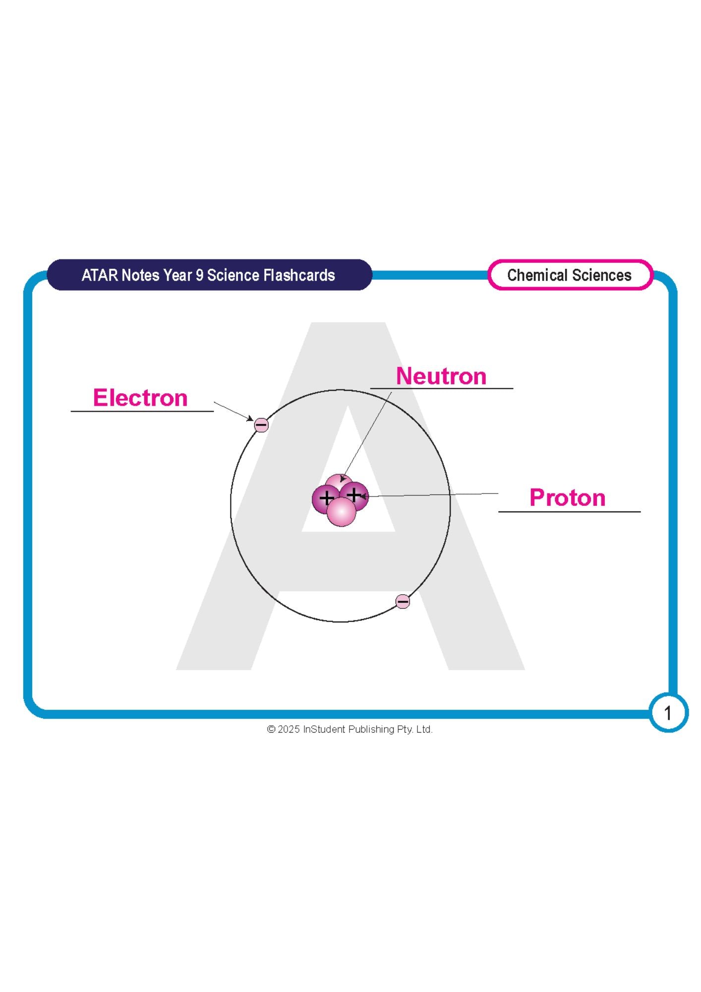 Year 9 Science flashcards by ATAR Notes, featuring an atom diagram with electron, neutron, and proton labels.